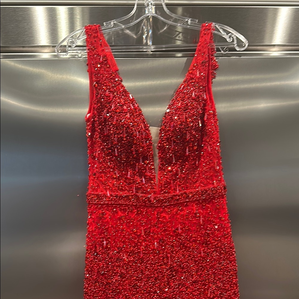 Glamorous Scarlet Beaded and Feather Lace Mermaid Gown NEW!!!